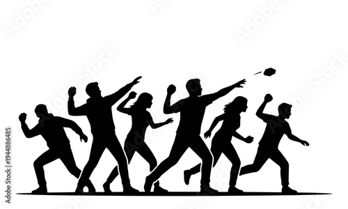 A black silhouette of a crowd of men and women in action, throwing balls or objects during a game. High contrast vector design suitable for sports, teamwork, and leisure concepts.