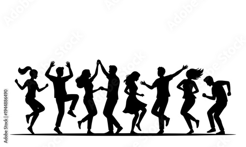 A row of diverse men and women in silhouette dancing, jumping, and having fun together on a white background, representing a joyful celebration or social event.