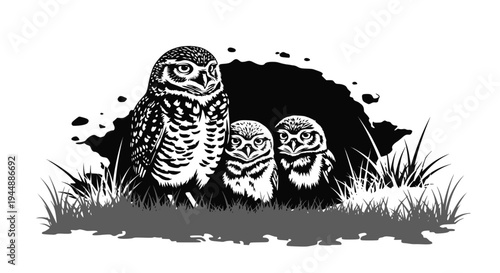 Burrowing owl (Athene cunicularia) chicks at nest burrow. Monochrome vector illustration. Transparent background SVG version.