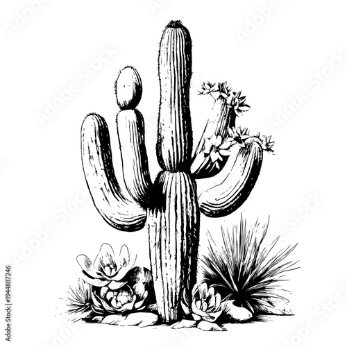 Hand-drawn desert cactus illustration, an artistic vintage sketch of a saguaro-like plant, perfect for nature-themed designs on adobe stock, embodying arid beauty and resilient flora