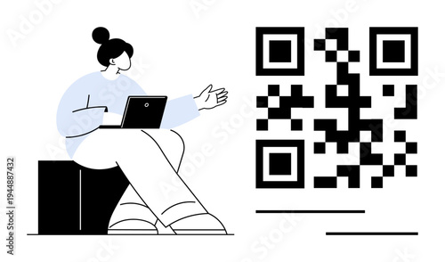 Digital technology, QR codes, secure transactions, online links, remote scanning, website access. Woman holding a laptop gesturing toward a large QR code. Digital technology and QR codes concept