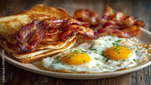 Eggs, pancakes, bacon, and toast make a classic hearty breakfast meal.