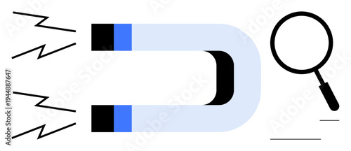 Search optimization concept. Magnet attracting with energy and magnifying glass inspecting closely for search optimization. Visualizing marketing, analytics, SEO, and branding strategies