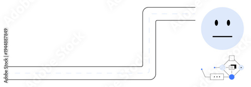 Artificial intelligence, machine learning, decision-making, thought process, data analysis, algorithms. A road bending toward a robotic face and flowchart elements. AI and machine learning conceptual