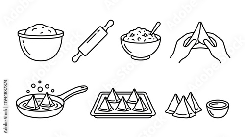 Step by step samosa cooking process vector line art set showing dough, rolling pin, filling, hands folding, deep frying in pan, and serving traditional Indian street food snacks.