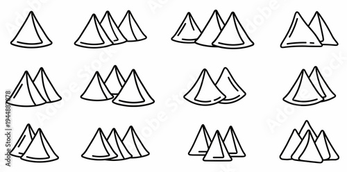 Traditional Indian samosa vector line art collection showing various groups of crispy triangle pastry snacks arranged in minimalist outline design for food pattern backgrounds.