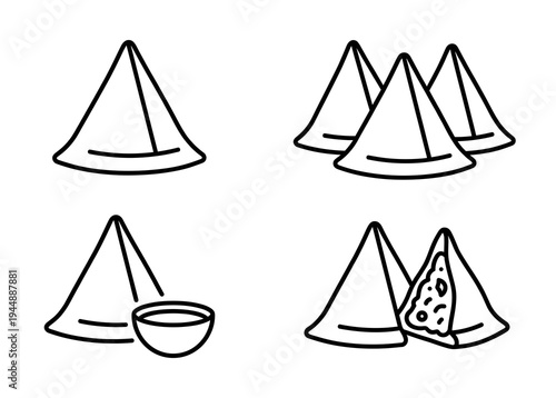 Samosa vector line art illustration set showing single pastry, group of snacks, cut half with potato filling, and dipping sauce bowl for traditional Indian food menu design.