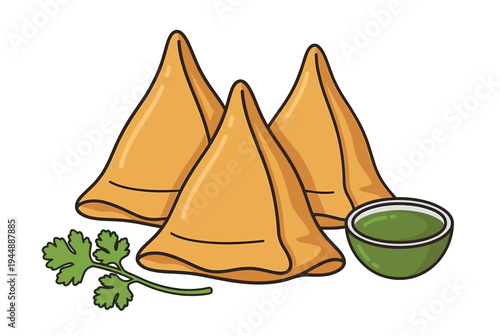 Delicious colorful vector illustration of traditional Indian crispy fried samosa served with green mint chutney dip sauce and fresh coriander leaves isolated on white background.