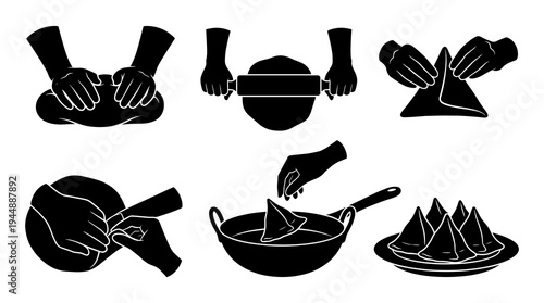 Step by step recipe instruction vector silhouette showing hands making samosa, kneading dough, rolling, folding pastry, deep frying, and serving isolated on white background art.