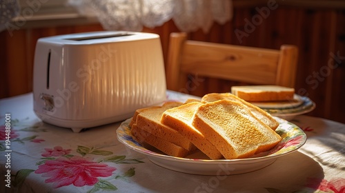 Kitchen table holds a white toaster and a plate with bread slices.