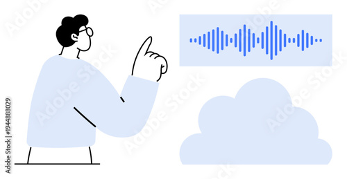 Voice recognition technology. Sound waves voice data processing in cloud storage. Voice recognition applications in AI, data storage, virtual assistants, security, and communication