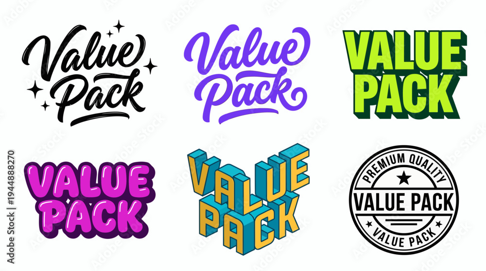 Fototapeta premium Collection of value pack typography designs featuring script lettering, bold 3D effects and circular stamp icons on white background, concept for retail promotion, marketing and e-commerce