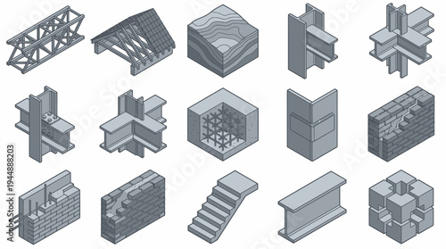 Collection of isometric architectural construction elements including steel beams, brick walls and roof framing, concept for civil engineering planning, architectural design and building development