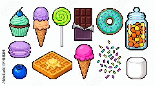 Pixel art set of sweet desserts including cupcake, ice cream, chocolate, donut, candy jar, waffle and macaron icons, concept for retro game graphics, bakery menu and digital asset stickers