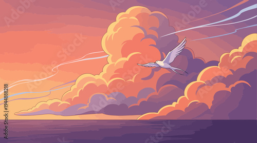 White bird flying through dramatic sunset clouds over the ocean in a colorful vector art style, concept for nature wallpaper, freedom symbolism and travel backgrounds