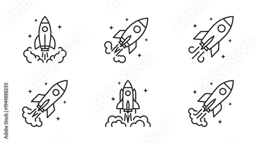 Set of minimalist rocket ship launch icons with smoke clouds and stars on white background, concept for business startup growth, creative technology innovation and project management success