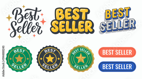 Best seller sticker set with typography and star badges on white background, concept for marketing campaigns, e-commerce business and retail advertising