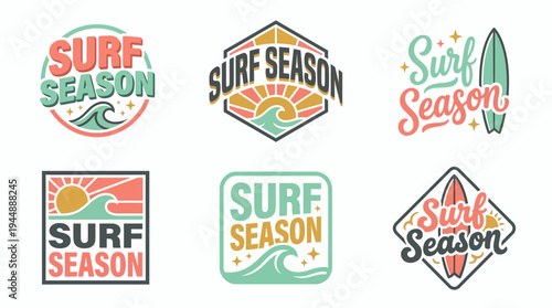 Set of vintage surf season badge logos featuring ocean waves and surfboards with retro typography on white background, concept for apparel design, beach branding and summer advertising