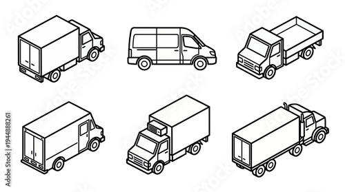isometric black line art collection of commercial delivery trucks and vans on white background, concept for logistics management, shipping services and industrial distribution