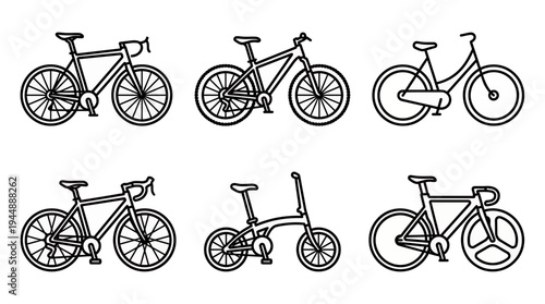 Various bicycle line icons including road, mountain, folding and city bike types on white, concept for sport equipment catalog, cycling community branding and eco-friendly transport
