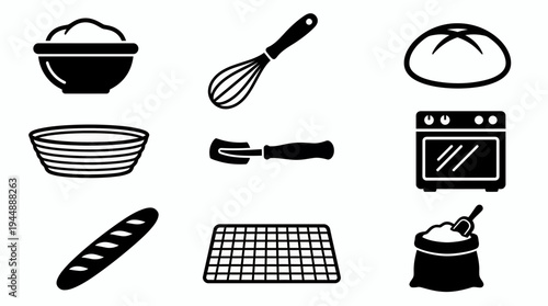 Black bakery icons set featuring bread loaf, whisk, bowl, oven, baguette, cooling rack and flour sack on white, concept for culinary branding, bakery web design and kitchen equipment ads