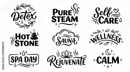 Collection of hand-drawn spa and wellness lettering logos including detox sauna and rejuvenation icons on white background, concept for beauty branding, salon marketing and health lifestyle promotion
