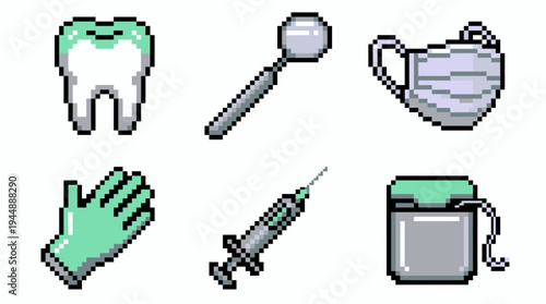 Pixel art icons set of dental equipment including tooth mirror medical mask surgical glove syringe and dental floss on white background, concept for clinic web dental education and marketing