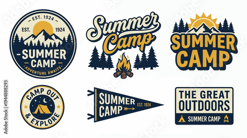 Set of vintage summer camp badge illustrations with mountains trees and campfire in retro style on white background, concept for outdoor branding, apparel design and camping merchandise