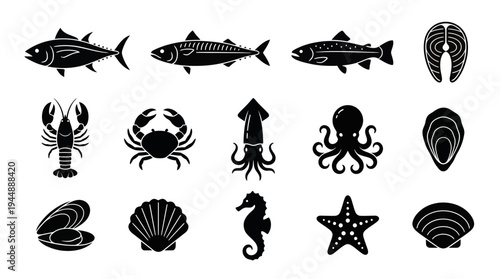 Set of black seafood silhouettes featuring fish lobster crab and sea life icons on white background, concept for restaurant menu design, fishery branding and seafood shop marketing