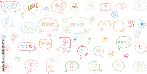 Colorful hand drawn speech bubbles hearts flowers and mom text