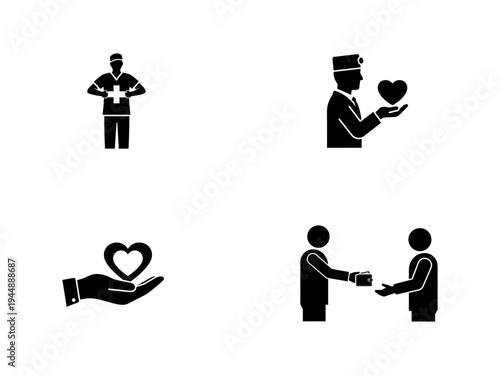 Medical giving heart symbol and people exchanging money and heart doctor nurse