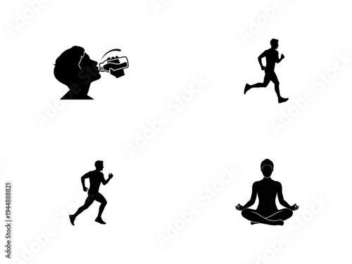 Silhouette of person drinking water running and meditating on white background bottle