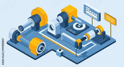 Isometric Industrial Machine with Gears and Pipes on a Blue Platform.