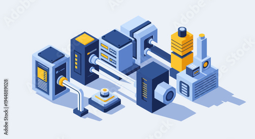 Isometric industrial machinery and equipment in a clean composition.