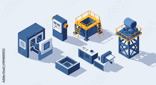 Isometric industrial machinery and equipment set for manufacturing and production processes.