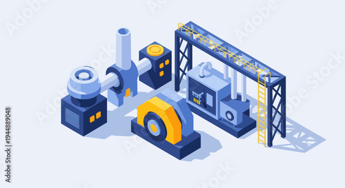 Isometric industrial machinery and equipment set.