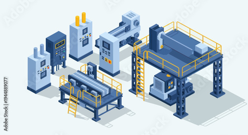 Isometric Industrial Machinery and Manufacturing Equipment for Modern Factory Production.