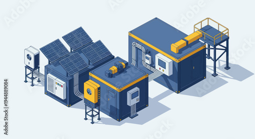 Isometric Industrial Machinery and Manufacturing Equipment Illustration.