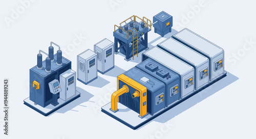 Isometric Industrial Machinery and Power Generation Equipment.