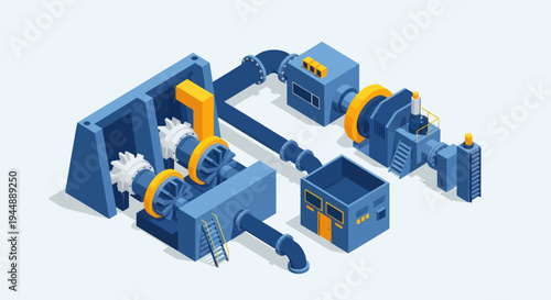 Isometric Industrial Machinery and Production Line Illustration.