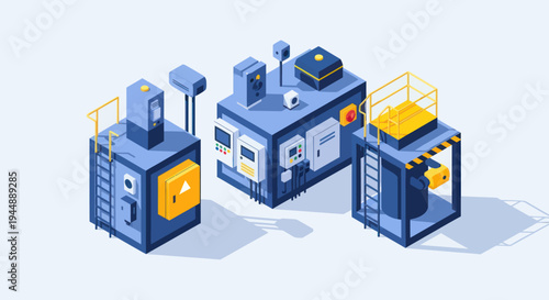 Isometric industrial machinery units with control panels and safety features.