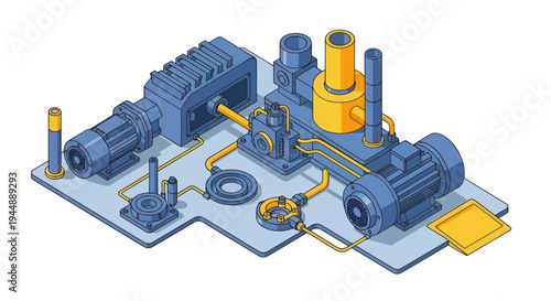 Isometric Industrial Machinery Illustration with Motors and Gears.