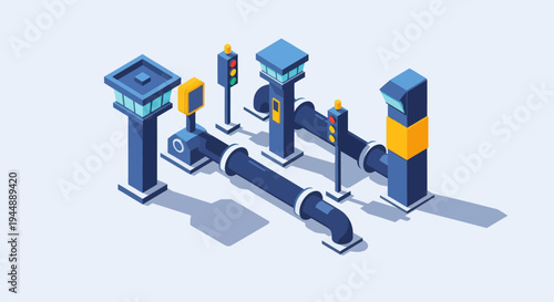 Isometric Industrial Pipes and Traffic Lights Illustration.