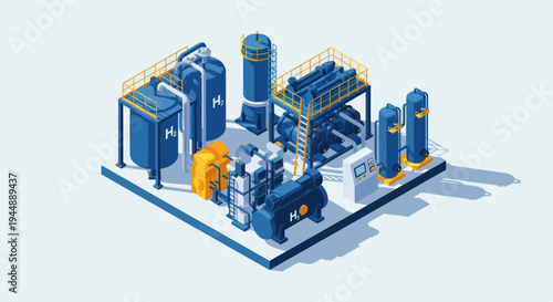 Isometric Industrial Plant for Hydrogen Production and Storage.