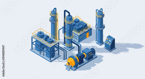 Isometric Industrial Plant with Blue and Yellow Machinery.