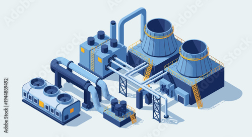 Isometric Industrial Plant with Cooling Towers and Factory Buildings.