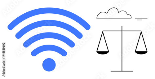 Digital freedom concept. wireless symbol and justice scale digital access, equality, and online security. Digital freedom s fair internet usage and connectivity for justice. Ideal for technology