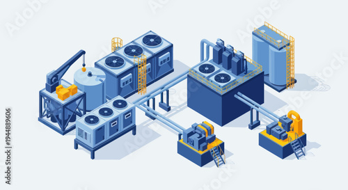 Isometric Industrial Plant with Cooling Towers and Production Units.