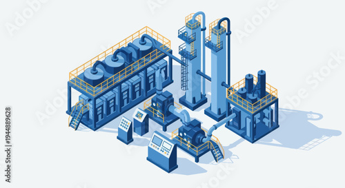 Isometric Industrial Plant with Detailed Machinery and Infrastructure.