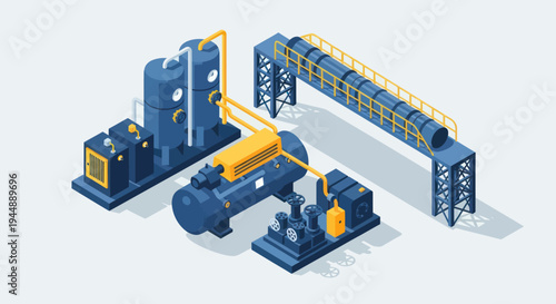 Isometric Industrial Plant with Machinery and Pipelines.